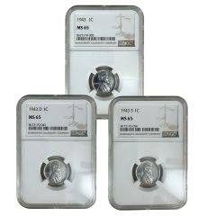 1943-PDS LINCOLN STEEL CENT NGC MS65 SET Hero