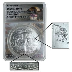 1776-2026 Silver Eagle Overstrike Flag Privy – MS70