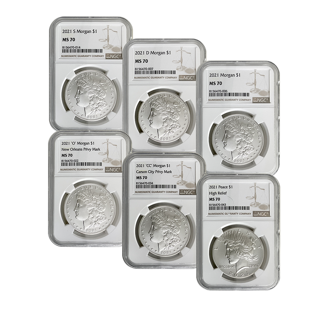2021 Morgan & Peace Dollar 6 Coin MS70 Set | US Coins