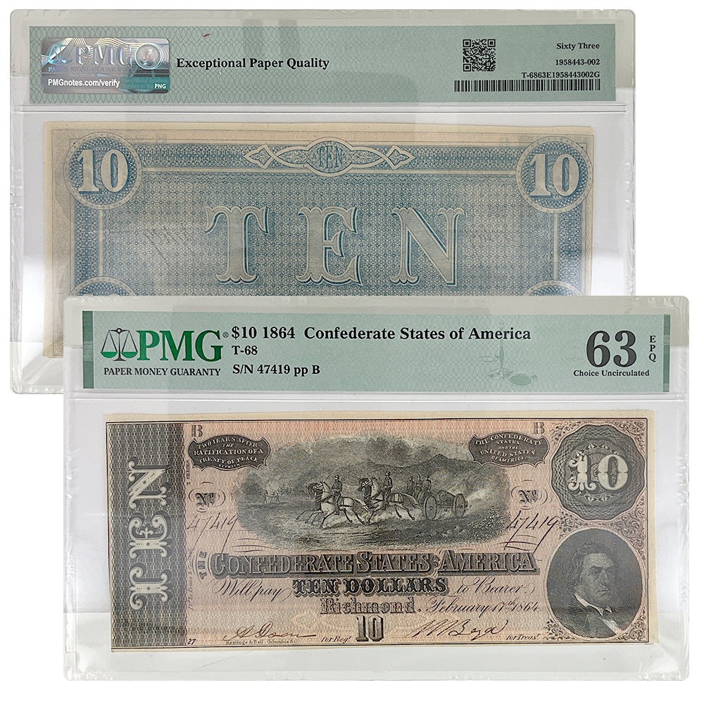 1864 $10 Confederate State of America PMG 63 Note | US Coins