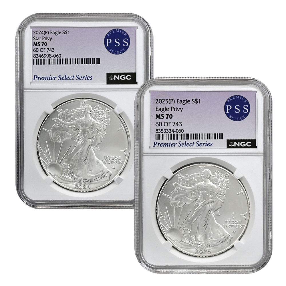 thumbnail image 2 of 2 Coin Set: 2024 & 2025 P Silver Eagle With Privy – NGC MS70 ER Philly, 2 Oz Silver, US Mint 2 of 5