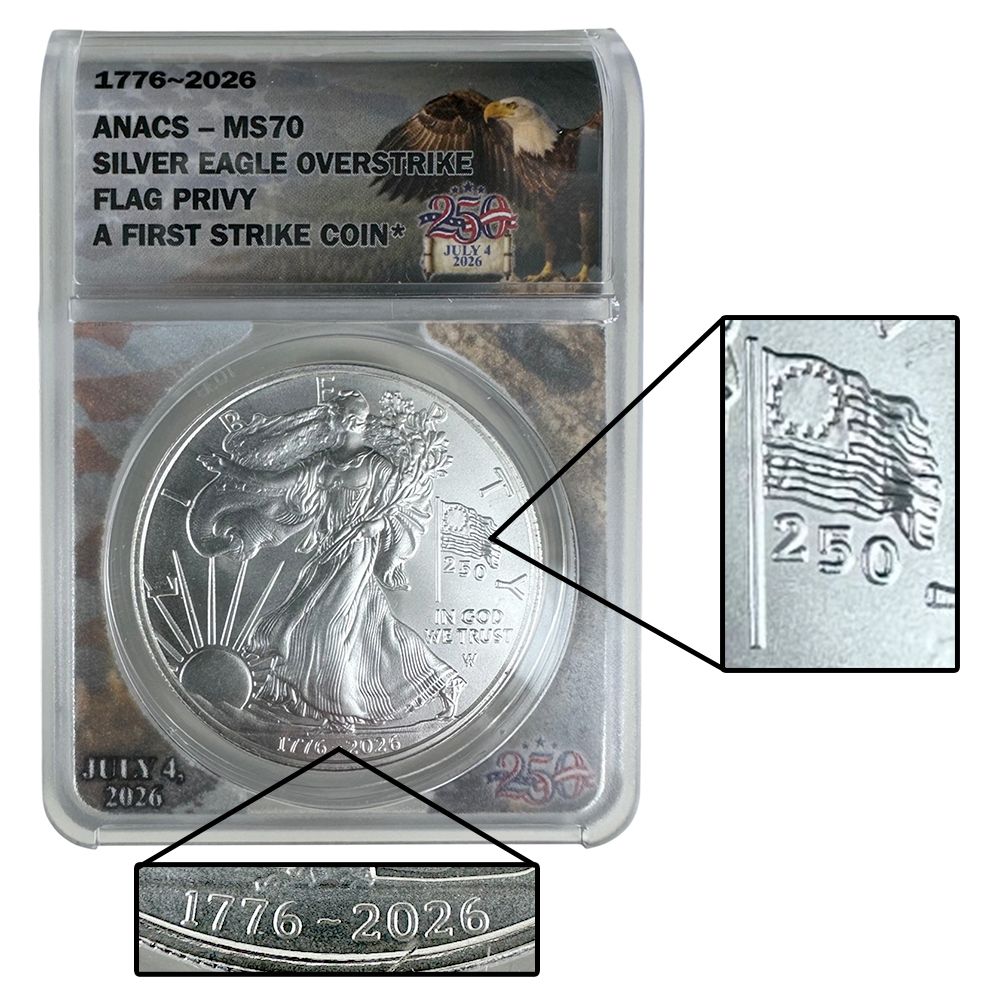 1776-2026 Silver Eagle Overstrike Flag Privy – MS70 | US Coins