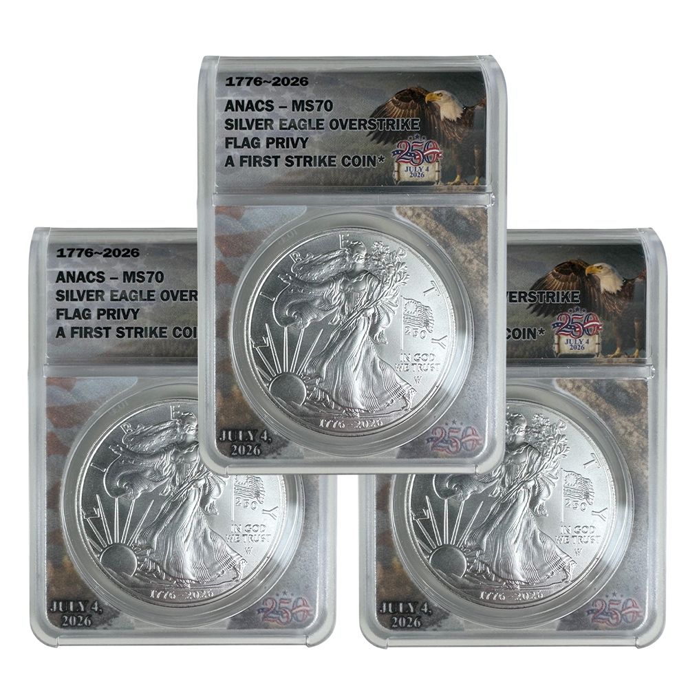1776-2026 Silver Eagle Overstrike Flag Privy x3 – MS70 | US Coins