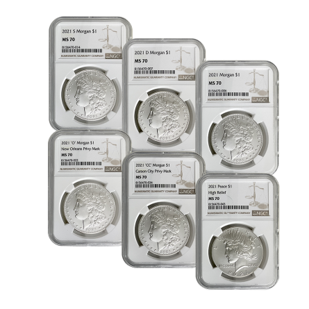 2021 Morgan & Peace Dollar 6 Coin MS70 Set