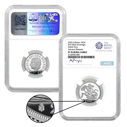 2025 Proof Silver Sovereign w/ Shield Privy- NGC PF70 AR