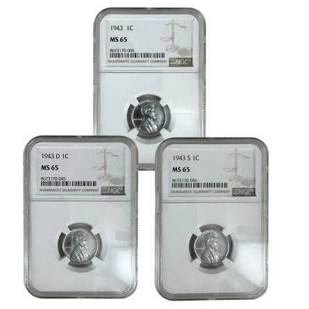 1943-PDS LINCOLN STEEL CENT NGC MS65 SET Hero