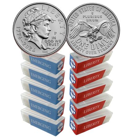 1776-2026 P&D Mint Emerging Liberty Dime 50-Coin Rolls x5