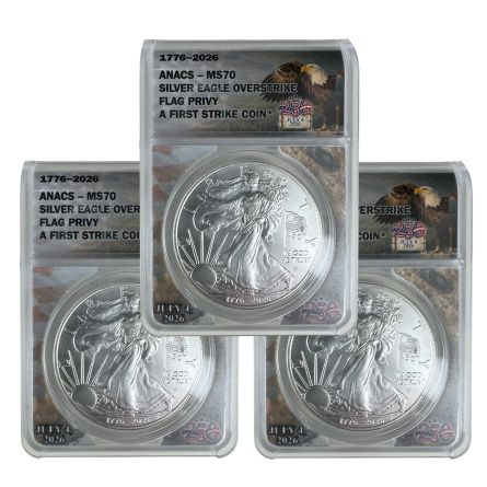 1776-2026 Silver Eagle Overstrike Flag Privy x3 – MS70