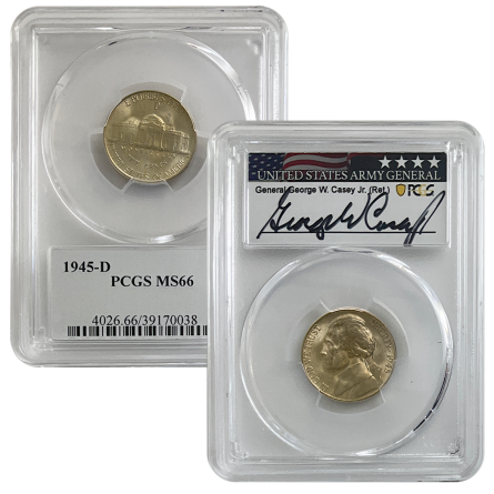 1945-D War Time Nickel PCGS MS66 General Casey Label